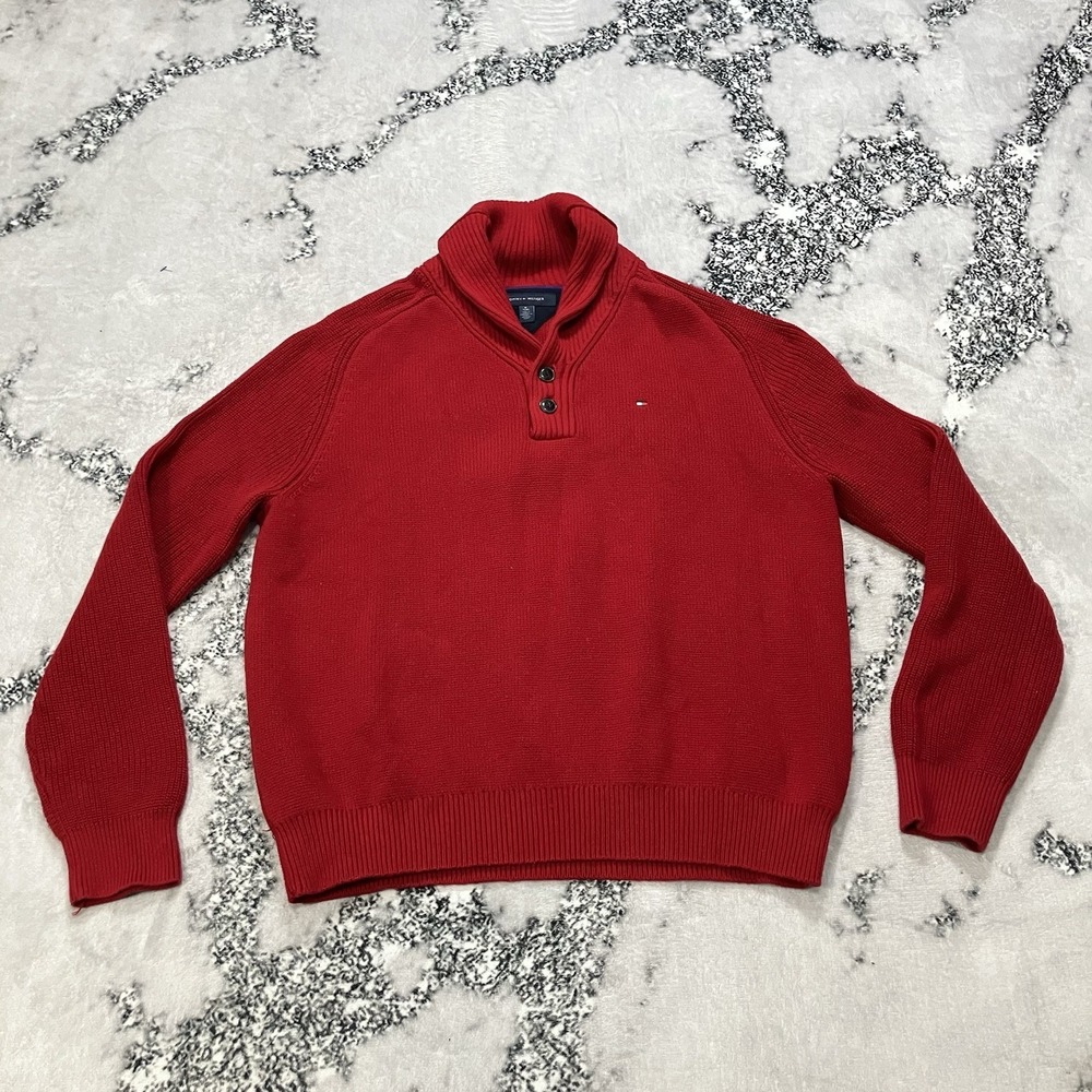 Tommy Hilfiger Red‎ Cotton Knit Sweater Shawl Collar Button Men's Size XL